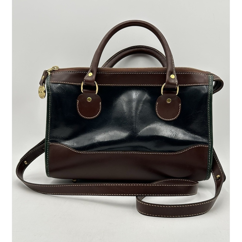 Vintage Brahmin Satchel Black Brown Leather Handbag Purse Bag Crossbody Bag - Picture 3 of 12